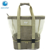 2 in 1 Ladies Big Knitted Nylon Mesh Tote Shoulder Bag with Cooler Compartment Daily Office Beach Shopping Bag